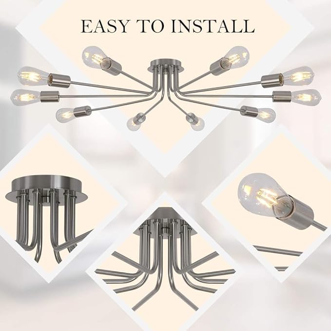 10 Lights Sputnik Ceiling Light Fixture Brushed Nickel Semi Flush Mount Light Ceiling Lamp for Living Room Foyer Dining Room Kitchen Hallway Cafe