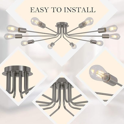 10 Lights Sputnik Ceiling Light Fixture Brushed Nickel Semi Flush Mount Light Ceiling Lamp for Living Room Foyer Dining Room Kitchen Hallway Cafe