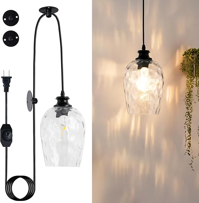 Modern Plug in Pendant Light with Dimmable Switch E26 Clear Rippled Glass Shade Hanging Lights with 16.4 Ft CordPlug in Hanging Lamp for Kitchen Island Bedroom Living Room （Bulb not Included）