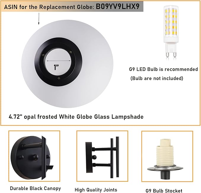 BYOLIIMA Black Globe Wall Sconces, 2-Light Modern Matte Black Vanity Lights with White Globe Glass Shade, Industrial Farmhouse Wall Lamp for Bedroom, Living Room, Kitchen, Bathroom
