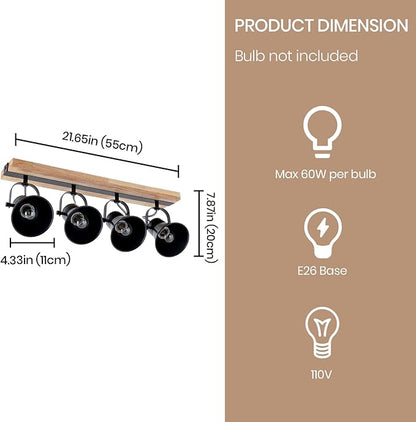 4-Lights Rustic Flush Mount Ceiling Light, Industrial Track Lighting Fixture, Rotatable Kitchen Track Lighting with Wood Base for Sink Dining Room, Living Room