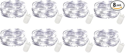 VOOKRY 8 Pack 30 LED Fairy Lights Battery Operated String Lights - 10 ft Mini Silver Wire Firefly Starry Moon Lights for DIY Crafts Wedding Party Table Centerpieces Bedroom Christmas(Cool White)