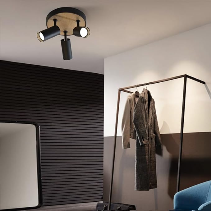 Track Lighting Fixtures Ceiling 3-Light,Spotlight Indoor for Bedroom,Aluminum&Adjustable Lampshade,Black and Wood Track Lighting for Kitchen,Laundry,Bathroom,Small Space,Gu10 Directional Ceiling Light