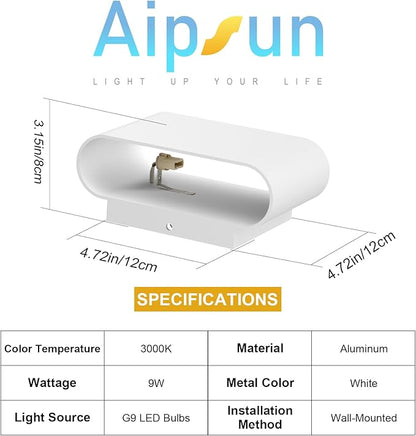 Aipsun Modern LED Wall Sconces Hardwired Interior Wall Lights Set of 2 Indoor Aluminum Up and Down Wall Mount Light for Living Room Bedroom Hallway Corridor Warm White 3000K(with G9 Bulbs)