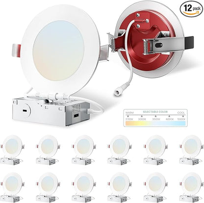 12 Pack 4 Inch Fire Rated Led Recessed Light with Junction Box, 2 Hour Fire Rating,5CCT Selectable Led Ultra Thin Recessed Lighting,9W 700LM CRI90,Dimmable Led Wafer Light,ETL& ES