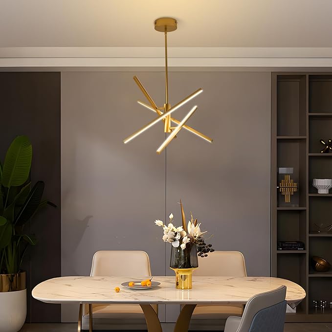 Modern Gold Chandelier Light Fixtures: LED 4-Light Sputnik Dining Room Chandeliers Linear Pendant Lights Fixture Over Table Dimmable with Remote for Kitchen Island Living Room