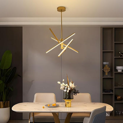Modern Gold Chandelier Light Fixtures: LED 4-Light Sputnik Dining Room Chandeliers Linear Pendant Lights Fixture Over Table Dimmable with Remote for Kitchen Island Living Room