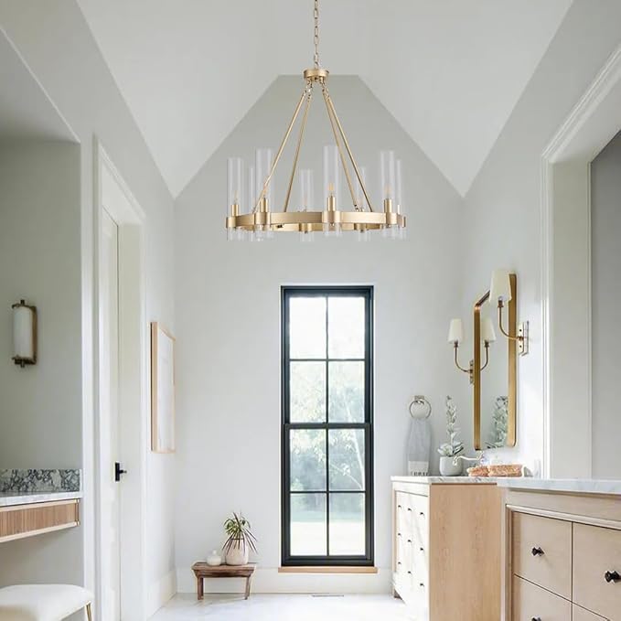 Wagon Wheel Chandelier 8-Light Glass Pendant Light, Industrial Modern Golden Pendant Light, Suitable for Living Room Lighting Fixtures, Dining Rooms, Halls, Lobbies, Bedrooms