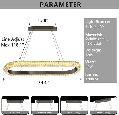 40'' Oval Ring Crystal Chandelier Modern LED Dimmable Ring Pendant Light Chandelier for Dining Room Living Room Black