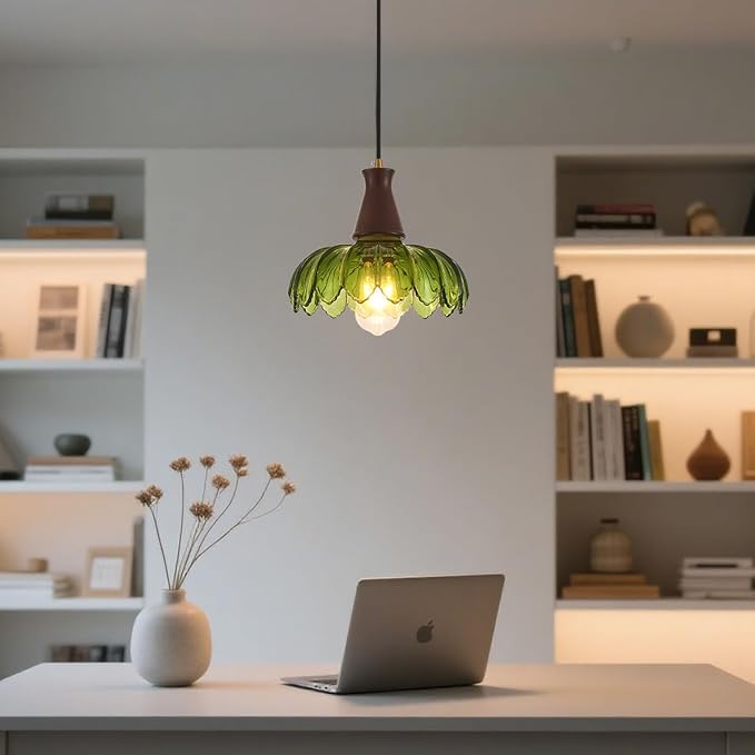YLONG-ZS Glass Pendant Light,Pendant Lights Kitchen Island,Modern Green Glass Flower Pendant Light, Walnut Wood Vintage Kitchen Hanging Lights for Kitchen Island Dining Room Living Room Bedroom Hotel
