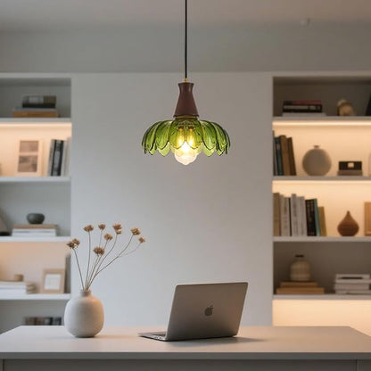 YLONG-ZS Glass Pendant Light,Pendant Lights Kitchen Island,Modern Green Glass Flower Pendant Light, Walnut Wood Vintage Kitchen Hanging Lights for Kitchen Island Dining Room Living Room Bedroom Hotel