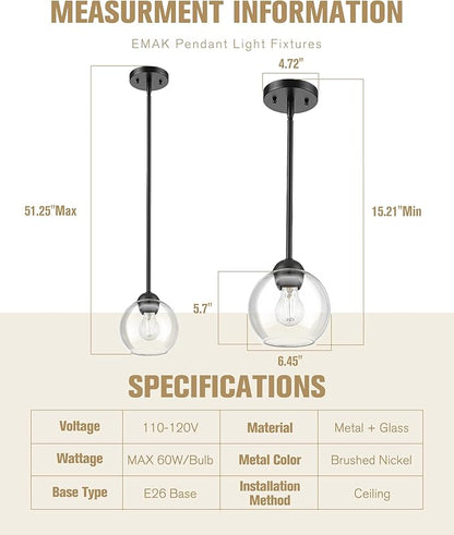 Emak 7 Inch Globe Pendant Light, Matte Black Pendant Light Fixtures with Clear Glass, 1-Light Hanging Lights for Kitchen, Bathroom, Bedroom, Hallway, 2 Pack, PL119-BK-2PK