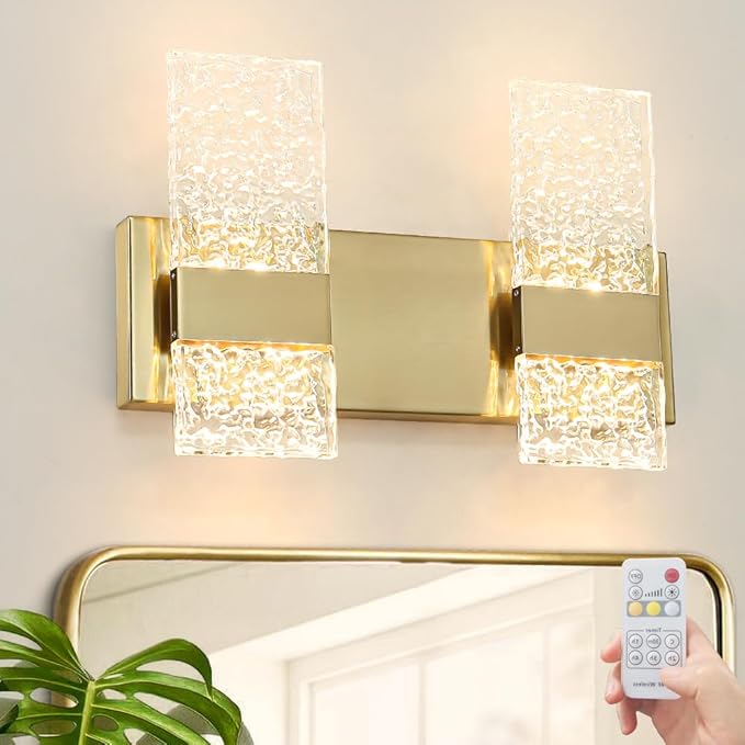 Modern Polished Gold 2 Lights Bathroom Vanity Light, Eleglant LED Bathroom Light Fixtures Over Mirror, Dimmable Acrylic Shade Wall Lighting Fixtures, Hardwired Wall Light(H9.25in, L13.78in)