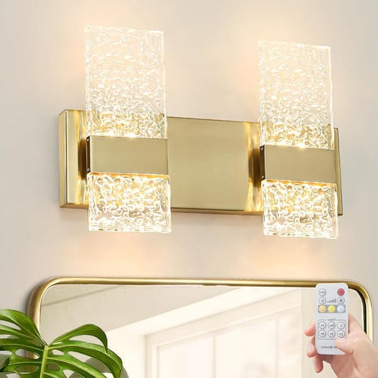 Modern Polished Gold 2 Lights Bathroom Vanity Light, Eleglant LED Bathroom Light Fixtures Over Mirror, Dimmable Acrylic Shade Wall Lighting Fixtures, Hardwired Wall Light(H9.25in, L13.78in)