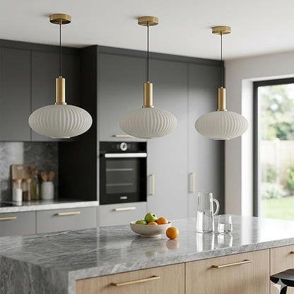 KCO Lighting Large Milk Glass Pendant Lighting Kitchen Island Brushed Brass Globe Pendant Light Mid Century Modern Hanging Light Fixture Gold White Pendant Light