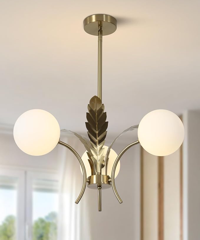 BOKT 3 White Globe Dining Room Light Fixtures Over Table Gold Brass Milk Glass Semi Flush Mount Ceiling Lights Mid Century Modern Sputnik Chandelier for Entryway Farmhouse Kitchen