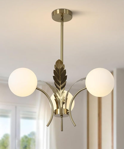 BOKT 3 White Globe Dining Room Light Fixtures Over Table Gold Brass Milk Glass Semi Flush Mount Ceiling Lights Mid Century Modern Sputnik Chandelier for Entryway Farmhouse Kitchen