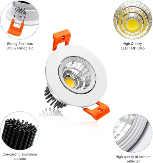 2Inch LED Recessed Ceiling Light, 3W Dimmable LED Downlight, Natural White 4000K, 60 Beam Angle COB Recessed Lights with Driver, 25W Halogen Bulbs Equivalent for Ceiling Lighting, White 6 Pack