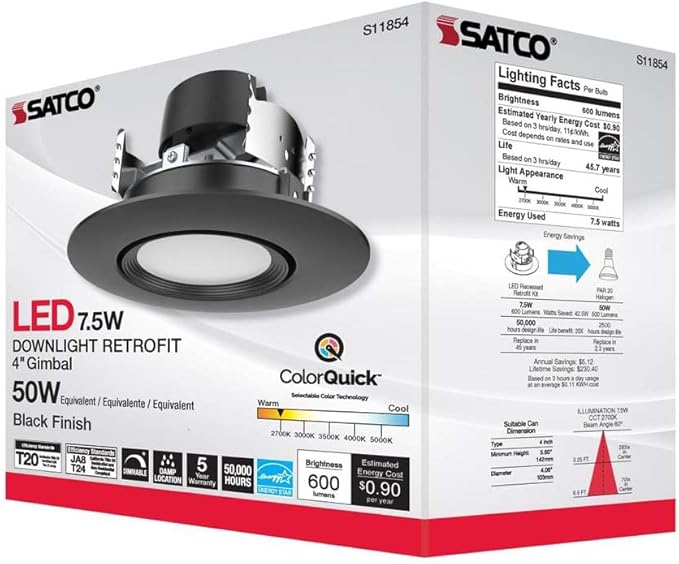 Satco LED Retrofit Gimbal Downlight, CCT Selectable 2700K/3000K/3500K/4000K/5000K, 4 Inches, Black Finish