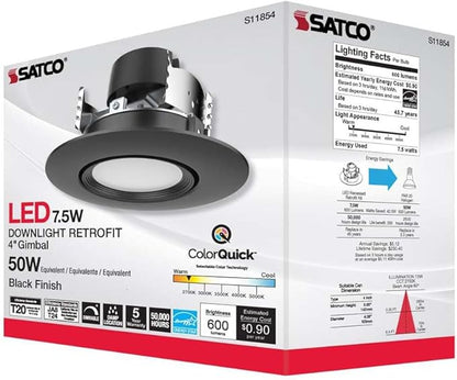 Satco LED Retrofit Gimbal Downlight, CCT Selectable 2700K/3000K/3500K/4000K/5000K, 4 Inches, Black Finish