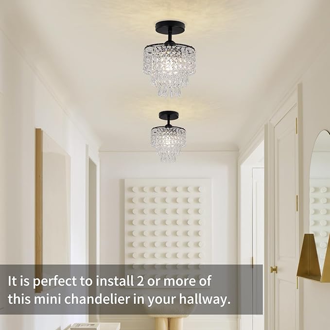 8" Black Chandelier 3-Tier Crystal Raindrop Flush Mount Ceiling Light Fixture Mini Chandelier Light for Bedroom Kitchen Hallway Bathroom Closet (Black)