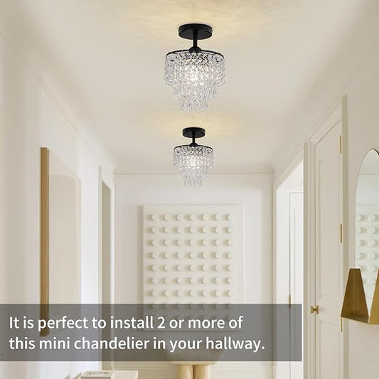8" Black Chandelier 3-Tier Crystal Raindrop Flush Mount Ceiling Light Fixture Mini Chandelier Light for Bedroom Kitchen Hallway Bathroom Closet (Black)