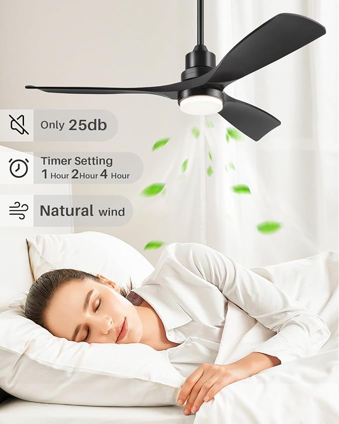 60 Inch Ceiling Fans with Lights Remote, Black Ceiling Fan, 3 Downrods, 3 Wood Blades, ETL Listed, Timer, 6 Speed Reversible DC Motor Outdoor Fans for Patios Bedroom Farmhouse, 60in, Black