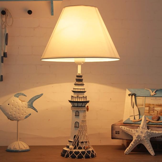 LITFAD 1 Light Lighthouse LED Reading Light Modern Bedside Table Lamp Nautical Style Resin Desk Lamp in Blue for Bedroom Kids Room Office - White