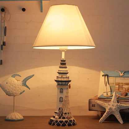 LITFAD 1 Light Lighthouse LED Reading Light Modern Bedside Table Lamp Nautical Style Resin Desk Lamp in Blue for Bedroom Kids Room Office - White