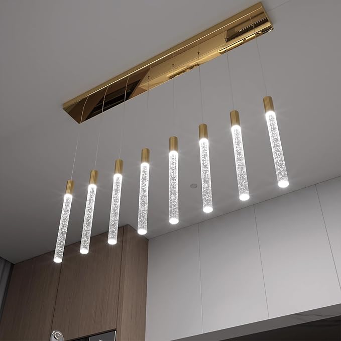 8-Light Gold Rectangular LED Chandelier, Bubble Crystal Column Chandeliers, Modern Dimmable Adjustable Height Hanging Light for Kitchen Island, Over Dining Room Table