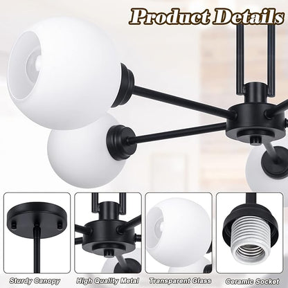 Modern 5-Light Globe Sputnik Chandelier - Large Semi-Flush Dining Room Light, Black Glass Pendant for Kitchen, Living Room, Bedroom, Farmhouse