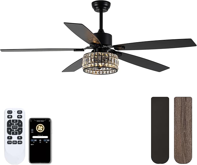Chandelier Ceiling Fans with Lights and Remote,Caged Ceiling Fan with Light,App 5 Blades E26 Fandelier Ceiling Fans with Lights,Crystal Ceiling Fan for Bedroom,Living Room. (Black, 60 Inch)