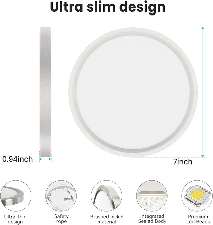 libtit 7 Inch Nickel Brushed Flush Mount Ceiling Light, 15W Ceiling Light Fixture,3000K/4000K/6500K Color Selectable,Ultra-Thin Round Ceiling Lighting Fixture for Bedroom Kitchen Pantry, 4 Pack