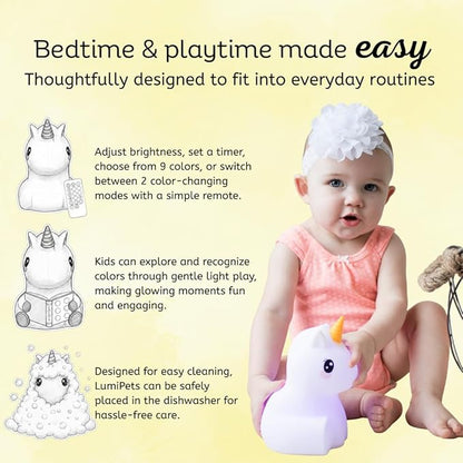 Lumipets Remote Control Silicone Night Light for Kids - Unicorn Design with 9 Soft Colors & Sleep Timer - Rechargeable, Battery-Operated Lamp for Bedroom | Baby Nursery, Toddler, Girls, Boys