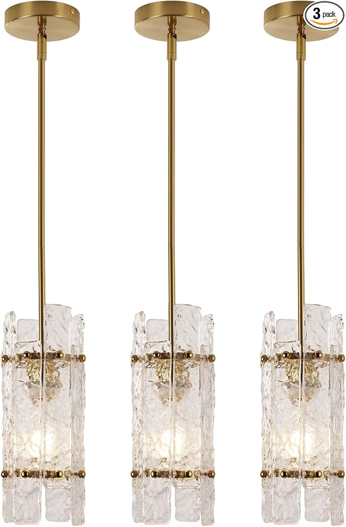 Gold Crystal Pendant Light for Kitchen Island,Luxury Mini Water Ripple Glass Chandelier Lights Fixture, Modern Round Adjustable Hanging Pendant Lighting for Dining Room Bedroom Hallway (3-Pack)