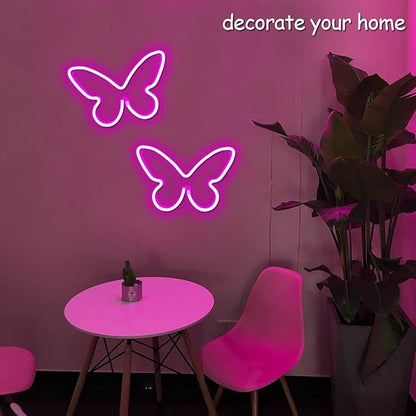 2 Pieces Butterfly Neon Sign, LED Light for Bedroom Wall Decor, USB/Battery Powered Night Light for Kids Room, Girls Home, Wedding, Birthday Party Art Decorations