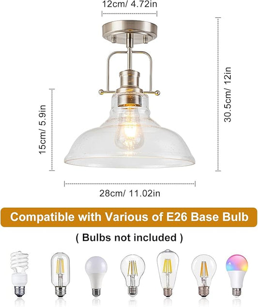 WILON Farmhouse Glass Semi Flush Mount Ceiling Light Fixture, Kitchen Lighting Fixtures Industrial Ceiling Lamp for Hallway Bedroom Kitchen Laundry Room (Brushed Nickel & Seeded, 1 Pack)