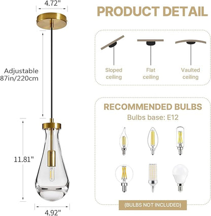 Raindrop Pendant Lights Kitchen Island: 2 Raindrops Crystal Light Fixtures - Gold Brass Teardrop Chandelier Lighting over Dining Table - Modern Glass Tear Drop Ceiling Pendants Light Bulb Not Included