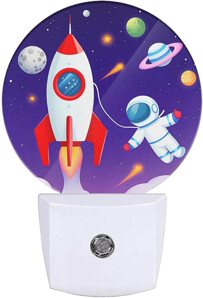 EKOBLA Astronaut Plug-in Night Light, Space Rocket & Planet Cartoon LED Nightlight with Auto Sensor for Boys Bedroom