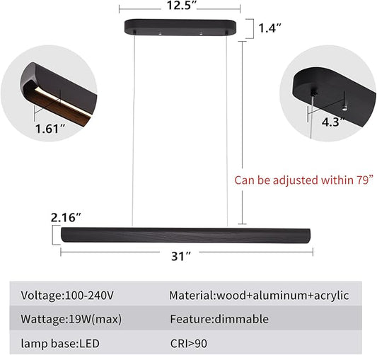 YISDESIGN Modern Linear LED Chandelier, 31" Wall-Dimmable Pendant Light Kitchen Island Light with Wood & Aluminum, 19W LED Pendant Light for Dining Room, Office, 100-240V, CRI>90 Black