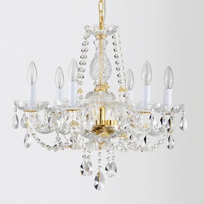 AGV LIGHTING CH003 K9 Crystal Chandeliers, French Classic Style Light Fixture, 6-Lights, D22 x H20, Adjustable Chains 59", Shinny Gold Finish Frame