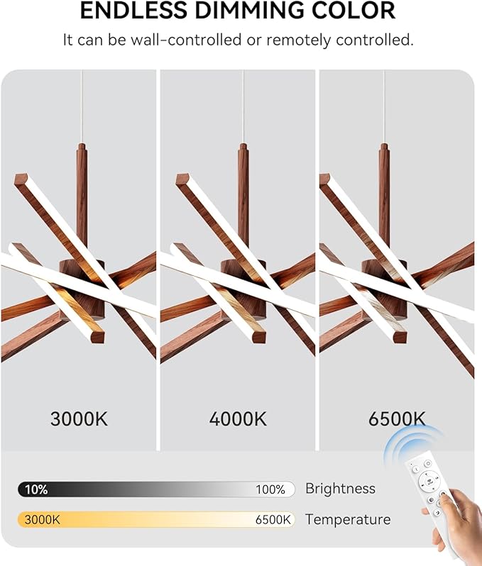 Modern Sputnik Chandelier Ceiling LED Black Pendant Light Embedded Mount Chandeliers Dining Room Light Fixtures Over Table Dimmable with Remote Control for Living Room Kitchen Bedroom (Wood Color)
