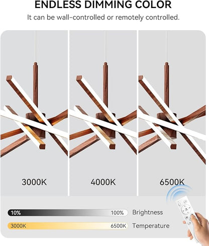 Modern Sputnik Chandelier Ceiling LED Black Pendant Light Embedded Mount Chandeliers Dining Room Light Fixtures Over Table Dimmable with Remote Control for Living Room Kitchen Bedroom (Wood Color)
