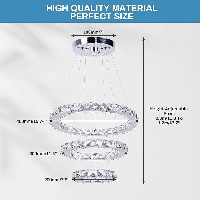 Modern Crystal Chandeliers 3 Rings Round LED Chandelier Fixtures DIY Pendant Lighting Stainless Steel Adjustable Chandelier Ceiling Light for Dining Room Bedroom Living Room (Cool White)
