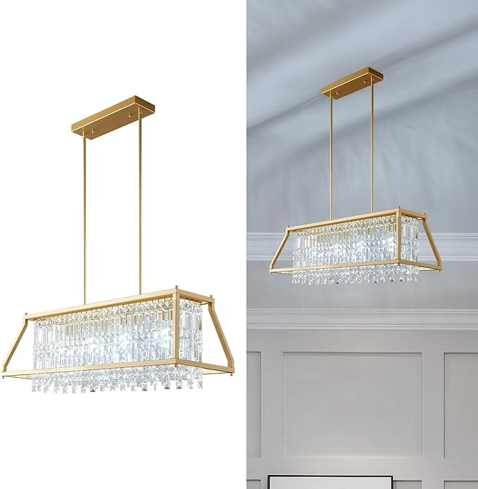 LMQNINE Chandeliers for Dining Room, 4-Light Trapezoidal Industrial Dining Room Light Fixture Farmhouse Chandelier Crystal Pendant Lights Kitchen Island Living Room (Gold 35.43 inch)