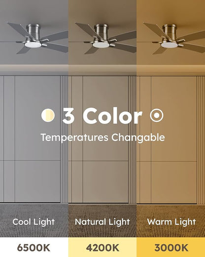 52 Inch Ceiling Fans with Lights and Remote, Nickel Low Profile Ceiling Fan, Flush Mount Style with 5 Blades, For Indoor Bedroom Living Room/Outdoor, 6 Speed Reversible DC Motor, 3CCT Dimmable LED
