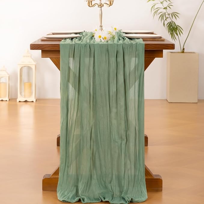 Socomi 3pcs Sage Green Cheesecloth Table Runner Summer Boho Rustic Gauze 120 inch 10FT Cheese Cloth Sheer Runner for Wedding Party Baby Shower Home Decor Holiday Decorations