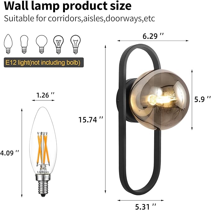 Wall Sconces Set of Two,Matte Black Wall Light Sconces with Grey Globe Glass Shade for Living Room and Bedrooms