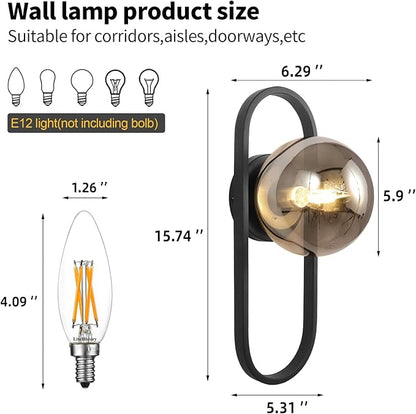 Wall Sconces Set of Two,Matte Black Wall Light Sconces with Grey Globe Glass Shade for Living Room and Bedrooms