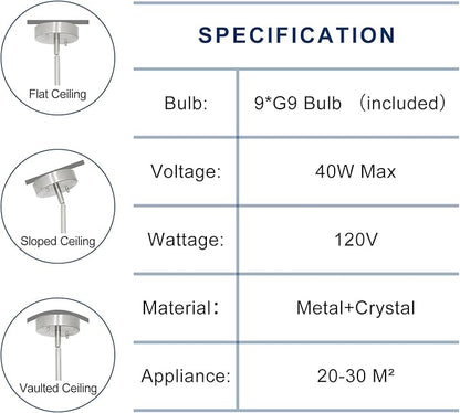 Depuley Modern Chrome Sputnik Chandelier: 9-Light Crystal Glass Chandelier for Dining Room - Kitchen Table Light Fixture Mid Century Hanging Lamp Height Adjustable for Foyer (Included G9 Bulbs)